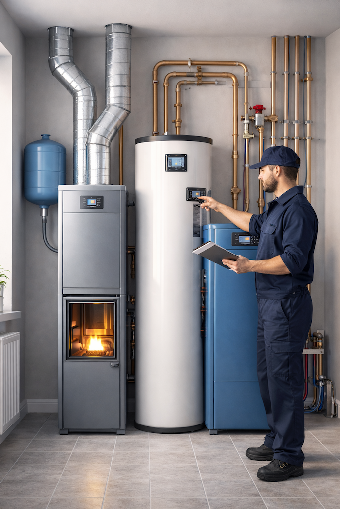 heating system and a plumber checking it